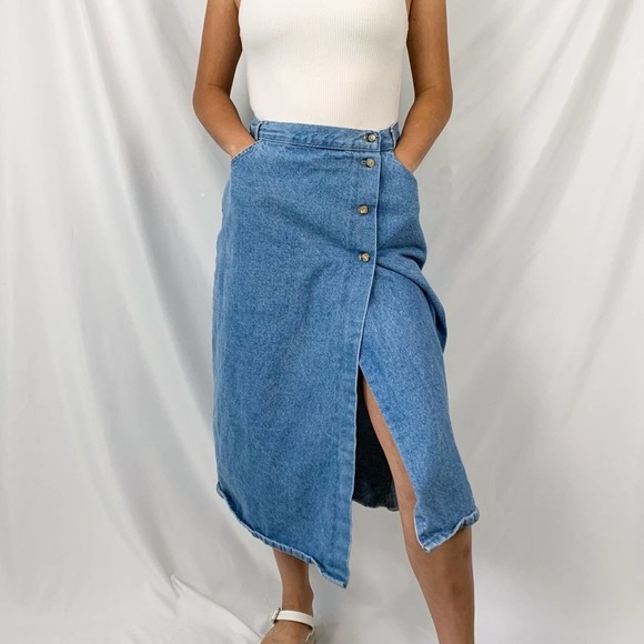 Vivaldi Jeanswear Vintage 90's Denim Wrap Side Slit Midi Skirt Size 12 - Picture 3 of 13